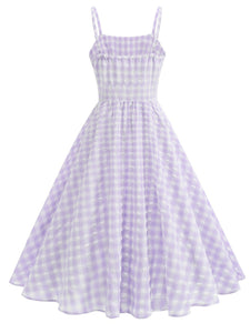 Blue And White Plaid Strap Classis Style 1950S Vintage Dress Set