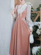 Load image into Gallery viewer, White and Pink Bow Fake Two-piece Velvet Long Sleeve Vintage 1950S Swing Dress