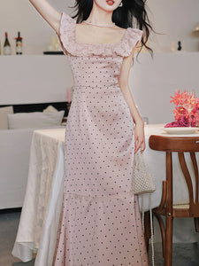 Pink Polka Dots Lace U-neck 1930S Vintage Dress
