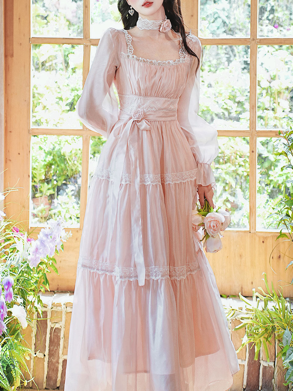 Pink Square Neck Lace Ruffle Vintage Fairy Dress, Pink / S Pink Square Neck Lace Ruffle Vintage Fairy Dress, Pink / S
