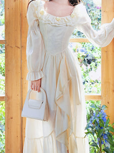 Apricot Square Neck Ruffle Corset Vintage Fairy Dress