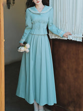 Load image into Gallery viewer, 2PS Lake Blue Sailor Collar Tweed Coat With Swing Skirt 1950S Vintage Audrey Hepburn&#39;s Style Outfits