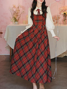 Red Tartan Wool Blend Jumper Dress with White Long Sleeve Blouse