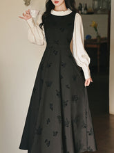 Load image into Gallery viewer, Black &amp; White Butterfly Embroidered Dress with Contrast Sleeves