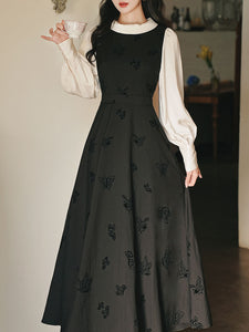 Black & White Butterfly Embroidered Dress with Contrast Sleeves