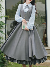 Load image into Gallery viewer, Blue Classic Shirt with Bow Tie and Gray V-Neck Jumper Fake Two-Piece Dress