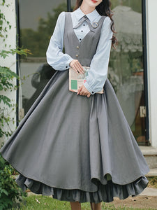 Blue Classic Shirt with Bow Tie and Gray V-Neck Jumper Fake Two-Piece Dress