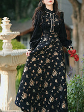 Load image into Gallery viewer, 1950S Vintage Black Embroidered Puffed Sleeve Shirt And Swing Skirt Set