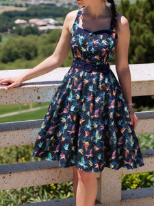Sweet Navy Birds Printed Cotton 50s Flapper Dress