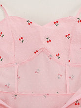 Load image into Gallery viewer, Vintage 1950s Pink Cherry Print Swiss Dot Spaghetti Straps Swing Dress