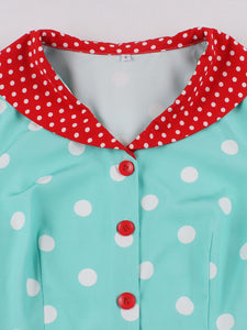 Turquoise Dot 50s Color-Blocking Dress with a Playful Contrast Collar