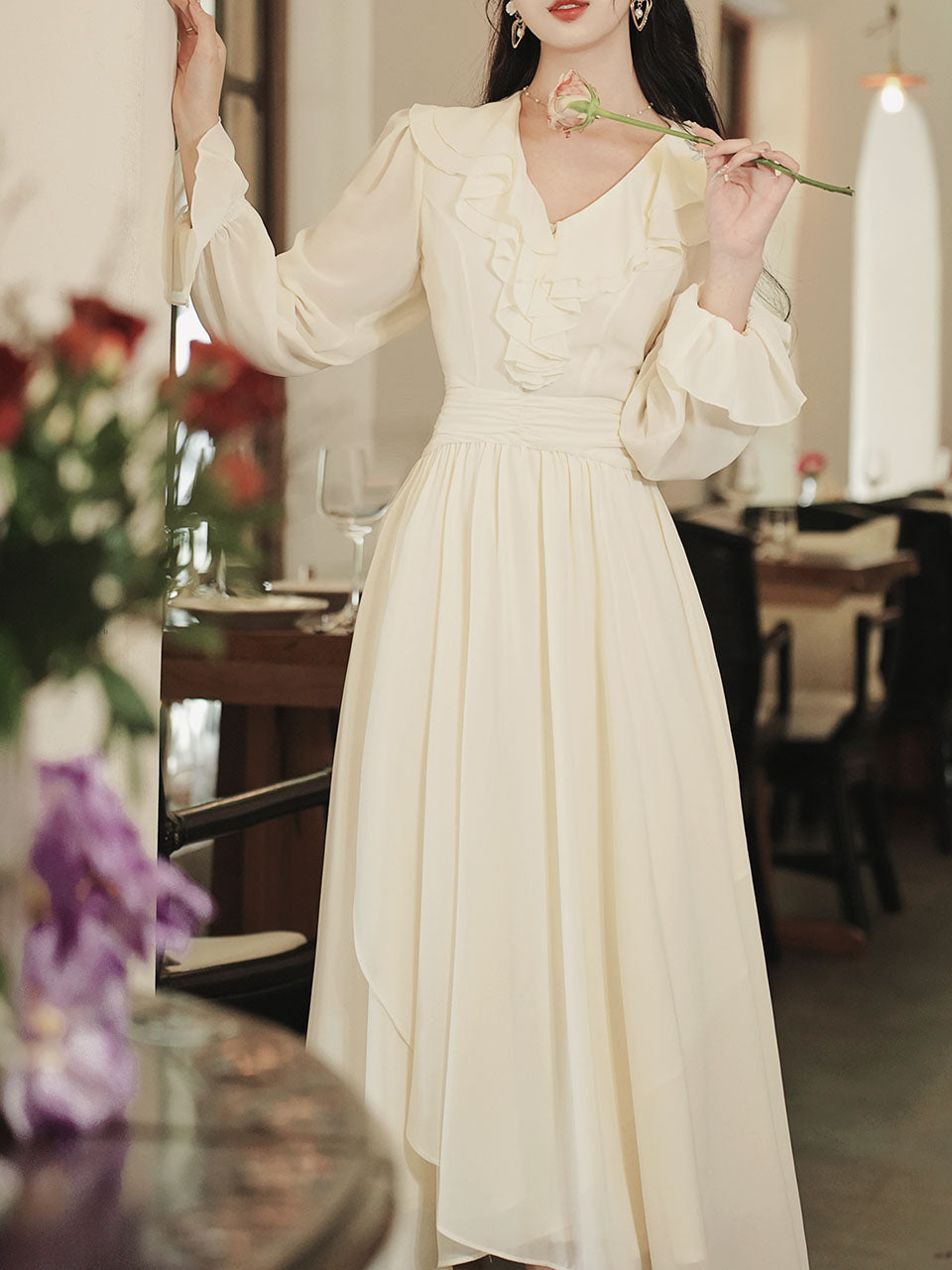 White V Neck Ruffles Edwardian Revival Chiffon Dress – Jolly Vintage