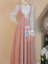 Load image into Gallery viewer, White and Pink Bow Fake Two-piece Velvet Long Sleeve Vintage 1950S Swing Dress