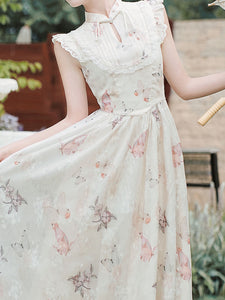 White Ruffles Sleeve Butterfly Print 1950S Vintage Dress