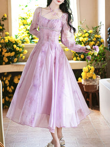 Purple Square Neck Butterfly Vintage Fairy Dress, Purple / XS