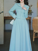 Load image into Gallery viewer, 2PS Lake Blue Sailor Collar Tweed Coat With Swing Skirt 1950S Vintage Audrey Hepburn&#39;s Style Outfits
