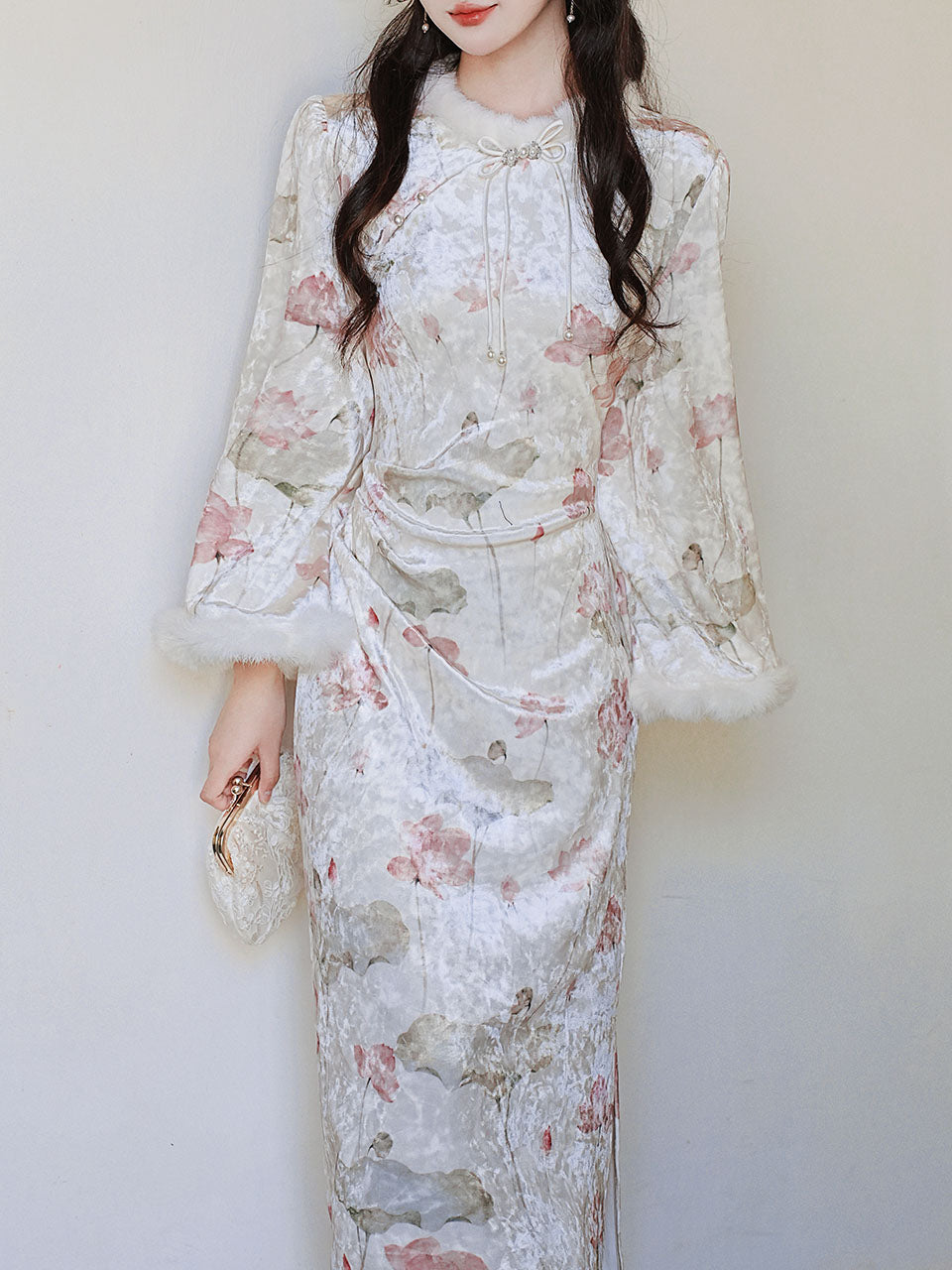White Lotus Print Velvet Cuffs Rabbit Fur Lined Plush Cheongsam Dress, White / Xs White Lotus Print Velvet Cuffs Rabbit Fur Lined Plush Cheongsam Dress, White / Xs