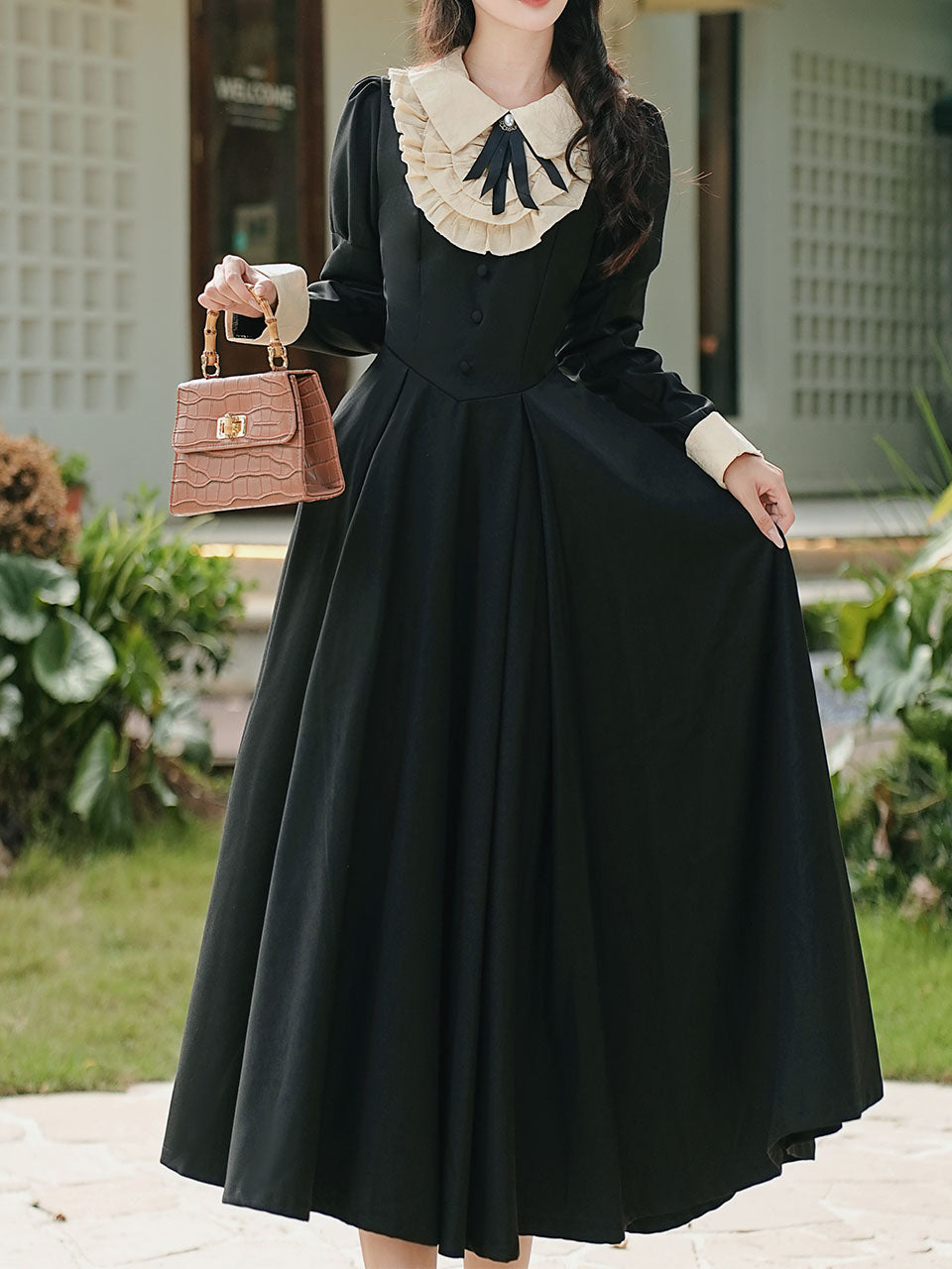 White Lace Collar Long Sleeve Black Edwardian Revival Dress Black / XL