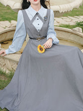 Load image into Gallery viewer, Blue Classic Shirt with Bow Tie and Gray V-Neck Jumper Fake Two-Piece Dress