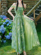 Load image into Gallery viewer, Forest Green Butterfly Print Lace Off-Shoulder Sweetheart Maxi Dress