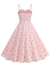 Load image into Gallery viewer, Vintage 1950s Pink Cherry Print Swiss Dot Spaghetti Straps Swing Dress