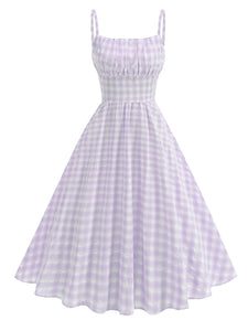 Blue And White Plaid Strap Classis Style 1950S Vintage Dress Set