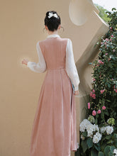 Load image into Gallery viewer, White and Pink Bow Fake Two-piece Velvet Long Sleeve Vintage 1950S Swing Dress