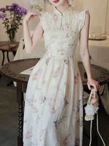 White Ruffles Sleeve Butterfly Print 1950S Vintage Dress