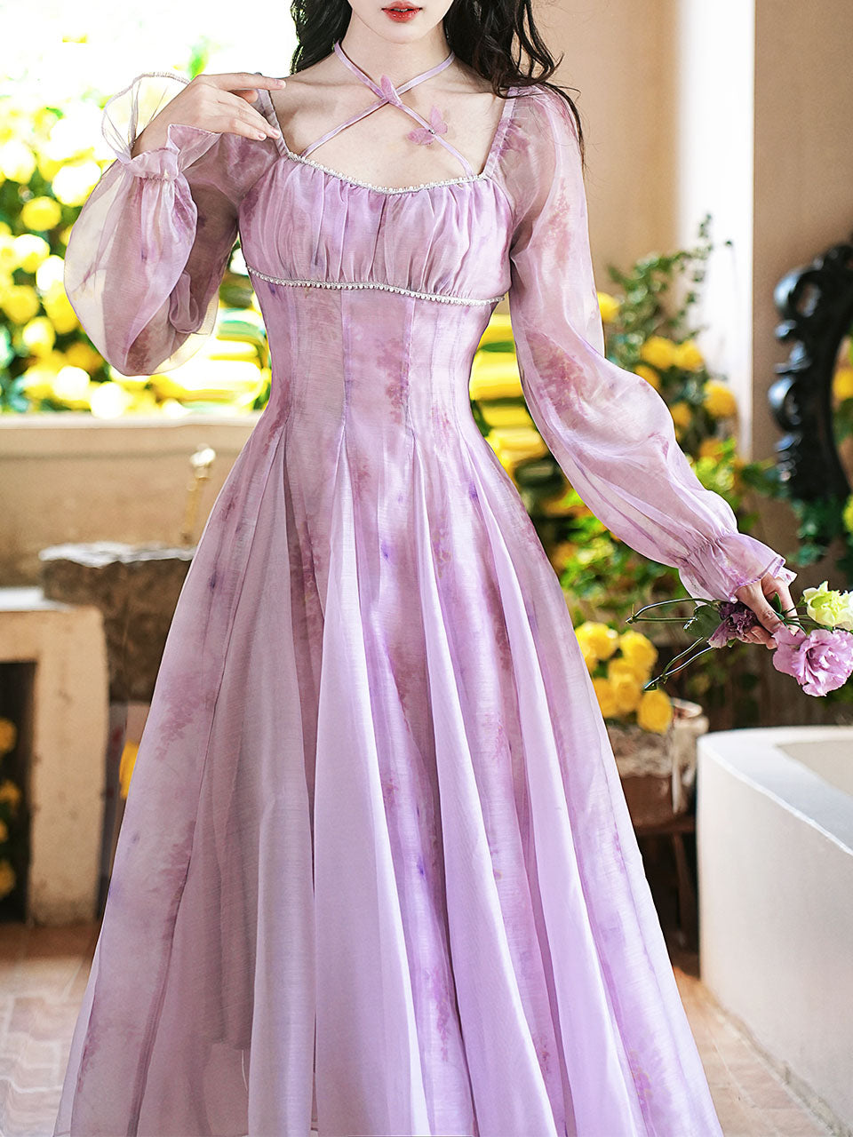 white christmas dresses Purple Square Neck Butterfly Vintage Fairy Dress, Purple / Xs