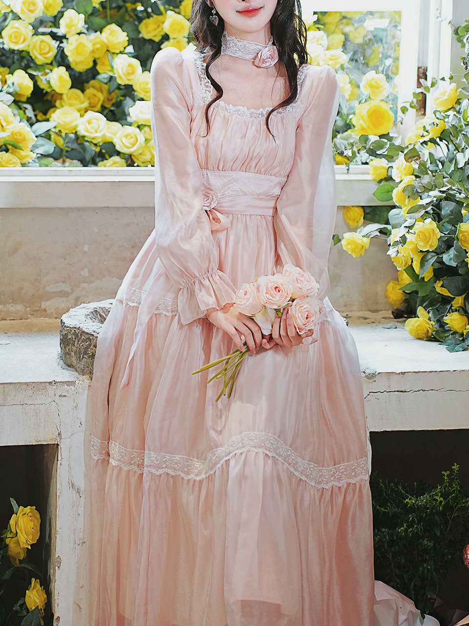 Pink Square Neck Lace Ruffle Vintage Fairy Dress Jolly Vintage Pink Square Neck Lace Ruffle Vintage Fairy Dress Jolly Vintage