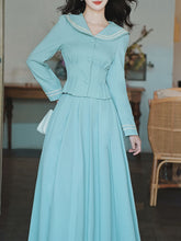 Load image into Gallery viewer, 2PS Lake Blue Sailor Collar Tweed Coat With Swing Skirt 1950S Vintage Audrey Hepburn&#39;s Style Outfits