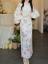 Load image into Gallery viewer, White Lotus Print Velvet Cuffs Rabbit Fur Lined Plush Cheongsam Dress