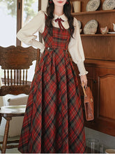 Load image into Gallery viewer, Red Tartan Wool Blend Jumper Dress with White Long Sleeve Blouse