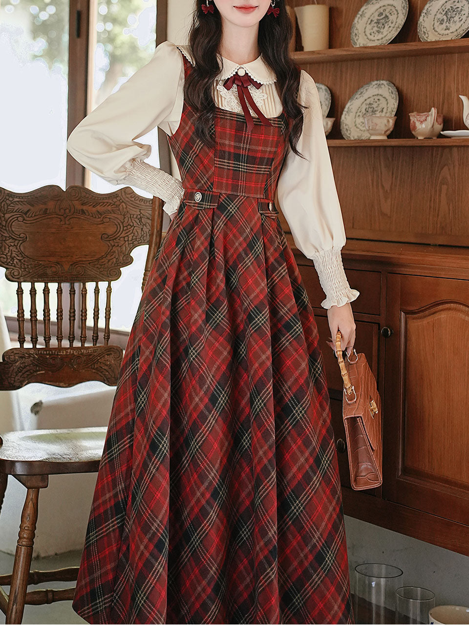 Red Tartan Wool Blend Jumper Dress with White Long Sleeve Blouse