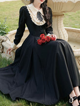 Load image into Gallery viewer, White Lace Collar Long Sleeve Black Edwardian Revival Dress