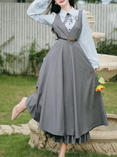 Load image into Gallery viewer, Blue Classic Shirt with Bow Tie and Gray V-Neck Jumper Fake Two-Piece Dress