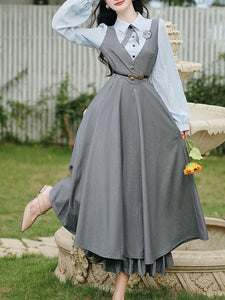Blue Classic Shirt with Bow Tie and Gray V-Neck Jumper Fake Two-Piece Dress
