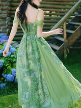 Load image into Gallery viewer, Forest Green Butterfly Print Lace Off-Shoulder Sweetheart Maxi Dress