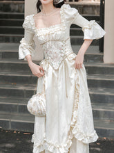 Load image into Gallery viewer, Victorian White Corset Midi Dress - French Rococo Angel Embroidery Ruffle Dress