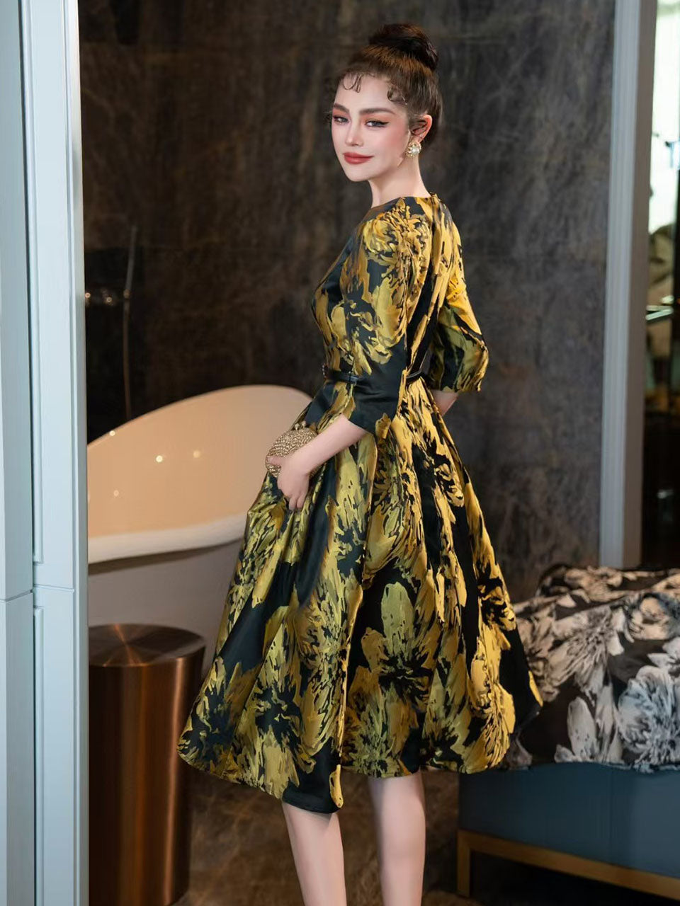 high waisted vintage dress YUGYXL Women Elegant High-Waisted Solid Color Round Neck Dress with Puff Sleeves Belt Set Vintage Dress Casual Outfit White Dresses L