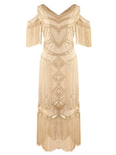 Load image into Gallery viewer, Glod Gatsby Glitter Fringe 1920s Flapper Dress