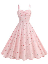 Load image into Gallery viewer, Vintage 1950s Pink Cherry Print Swiss Dot Spaghetti Straps Swing Dress