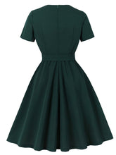 Load image into Gallery viewer, Dark Green Short Sleeve Vintage Dress with Waist Bow