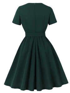 Dark Green Short Sleeve Vintage Dress with Waist Bow