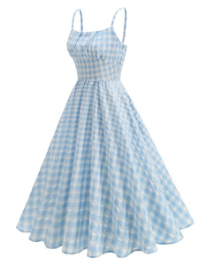 Blue And White Plaid Strap Classis Style 1950S Vintage Dress Set