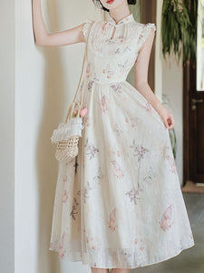 White Ruffles Sleeve Butterfly Print 1950S Vintage Dress