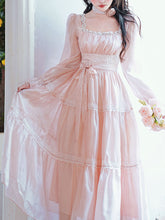 Load image into Gallery viewer, Pink Square Neck Lace Ruffle Vintage Fairy Dress