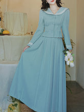 Load image into Gallery viewer, 2PS Lake Blue Sailor Collar Tweed Coat With Swing Skirt 1950S Vintage Audrey Hepburn&#39;s Style Outfits