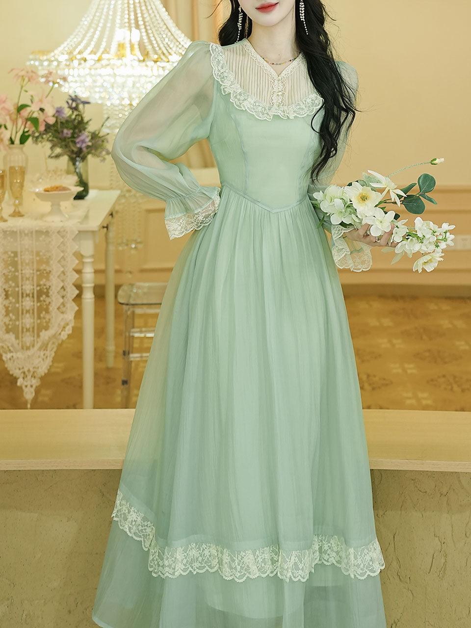 Green Lace Neck Ruffles Edwardian Revival Chiffon Dress Green / L Green Lace Neck Ruffles Edwardian Revival Chiffon Dress Green / L