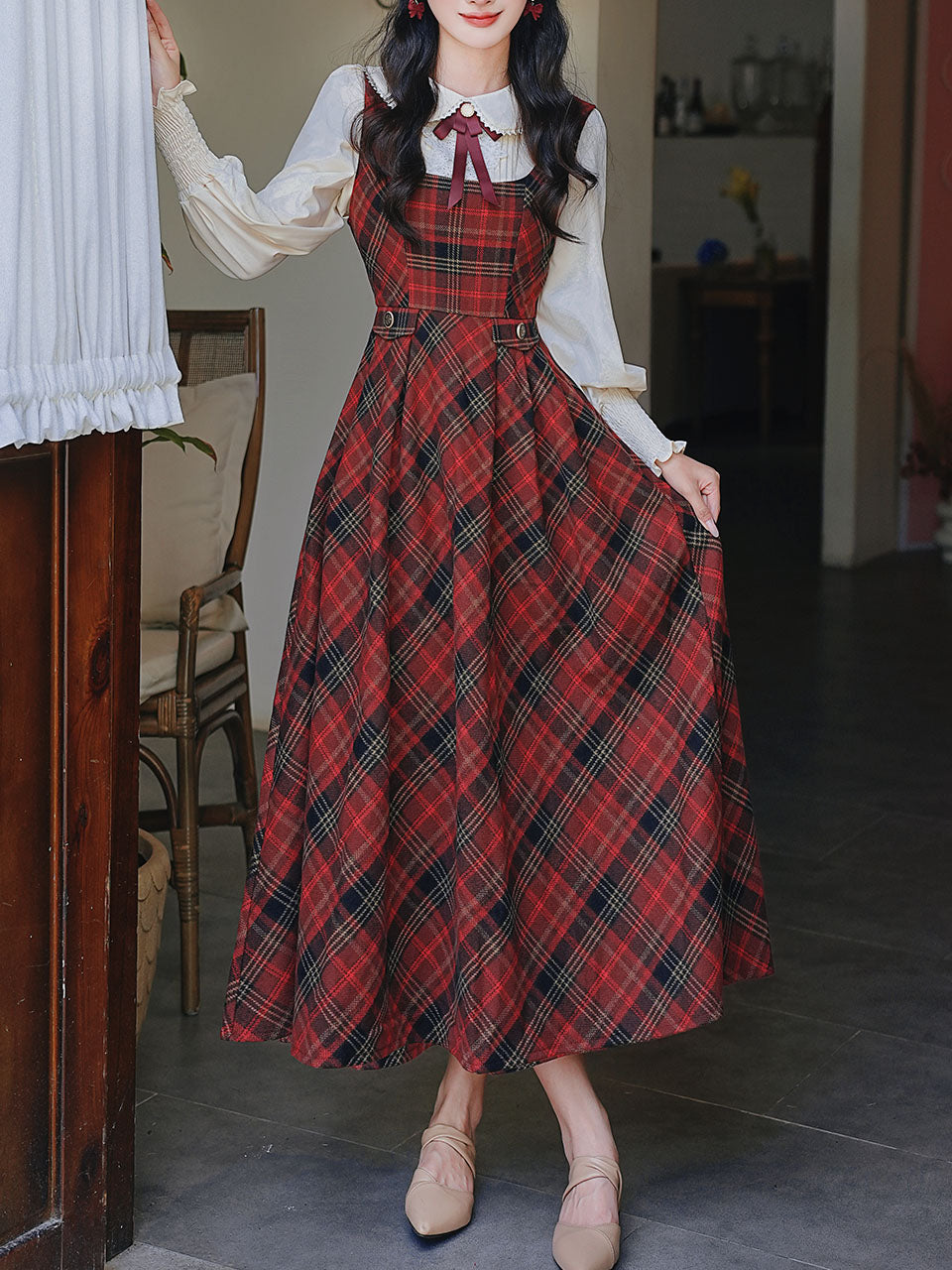 red tartan dress long sleeve Women's Retro Plaid Dress, Long Sleeve Pullover Maxi Dress, Vintage A Line Dress for Holiday(Small) at Amazon Women's Clothing store